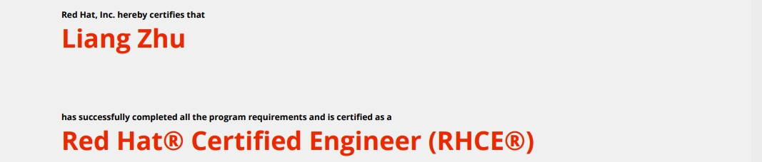 捷讯：朱亮12月26日成都顺利通过RHCE认证。