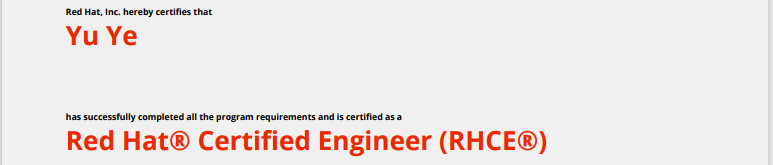 捷讯：叶宇同学于北京顺利通过红帽RHCE认证