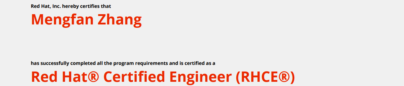 捷讯：张孟凡同学于北京顺利通过红帽RHCE认证