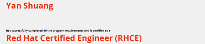 捷讯：闫爽同学于上海顺利通过红帽RHCE认证